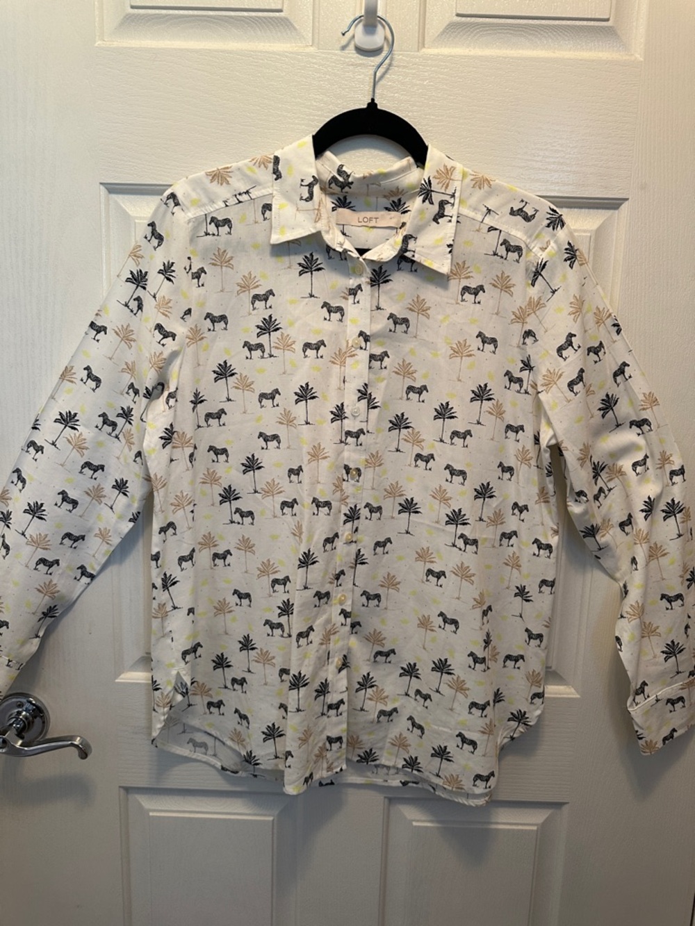 LOFT White Long-Sleeve Button-Up with Black Zebra & Tan Palm Motif
